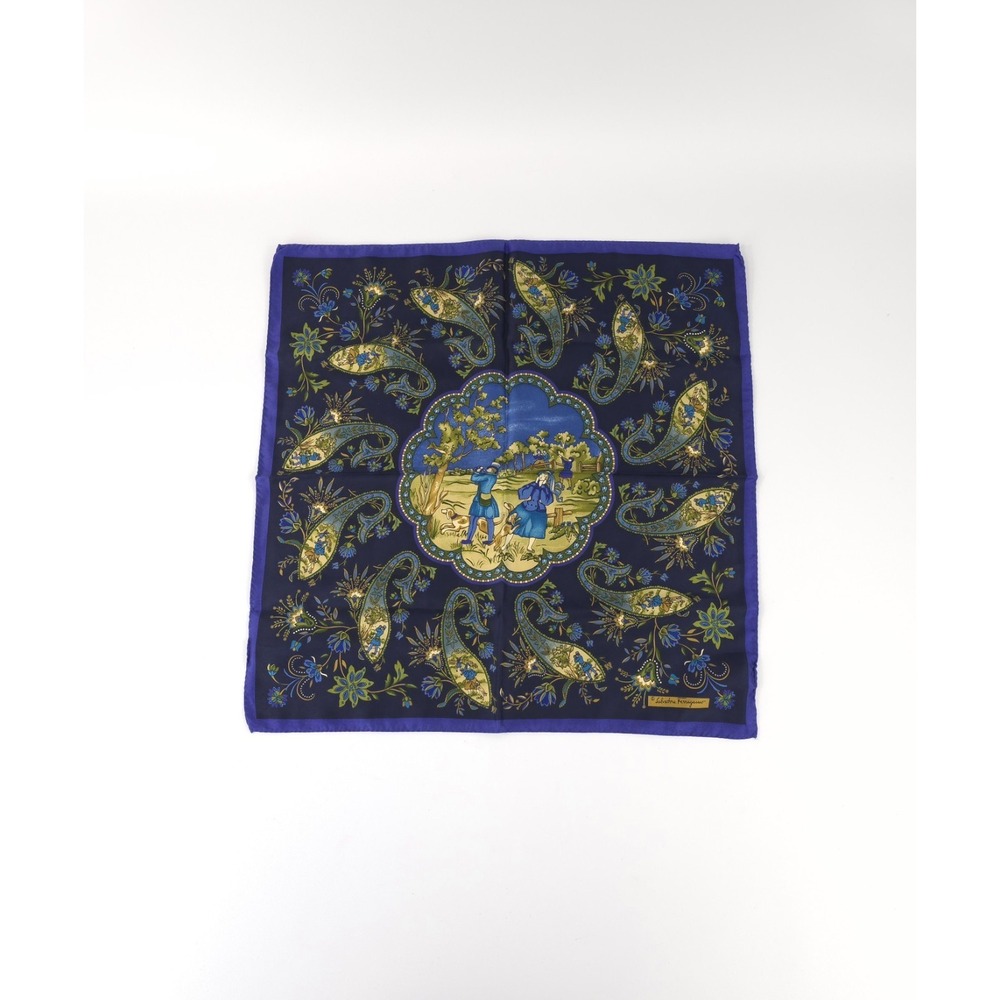 Salvatore Ferragamo Silk Square Blue Violet Hunting Print Vintage 90s